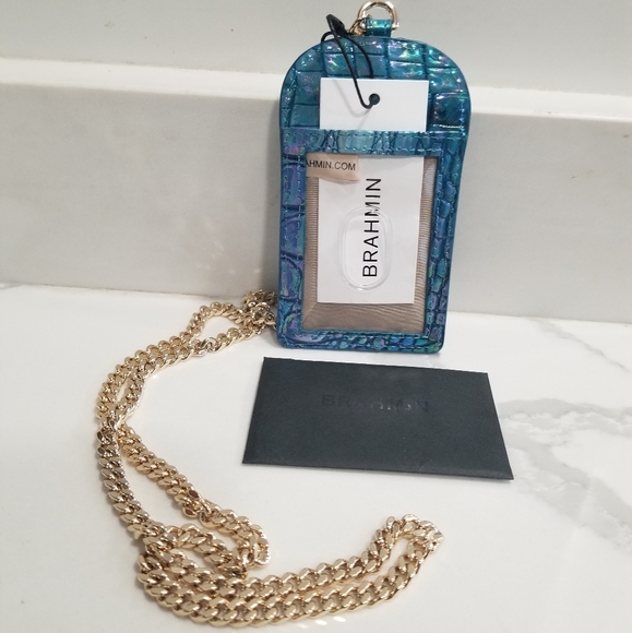 SOLD! NWT!Brahmin Stevie Blue Topaz Croc Embossed Leather ID Card Case Lanyard - Picture 5 of 15